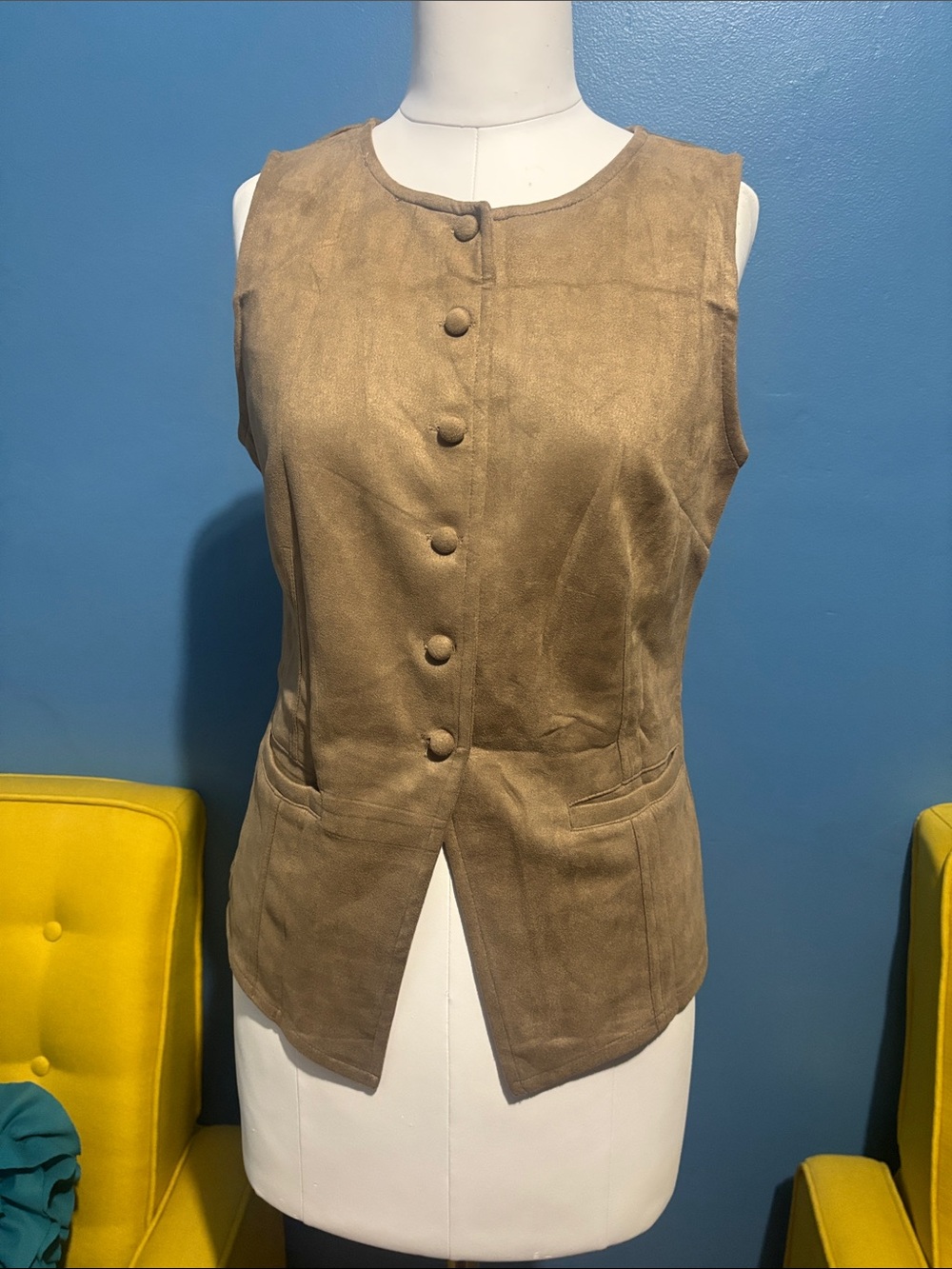 Women's Taupe Suede Button-Front Vest